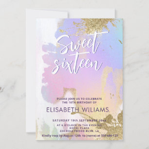 Cool modern holographic watercolor sweet 16 invitation