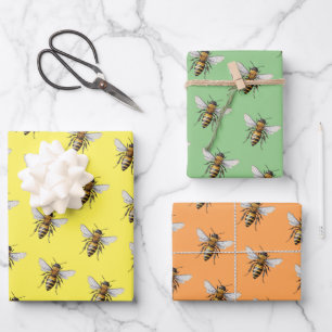 Cool Modern Honey Bee Pattern Yellow Orange Sage Wrapping Paper Sheet