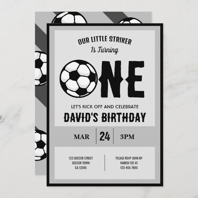 Cool Modern Little Striker Soccer 1st Birthday Invitation (Front/Back)