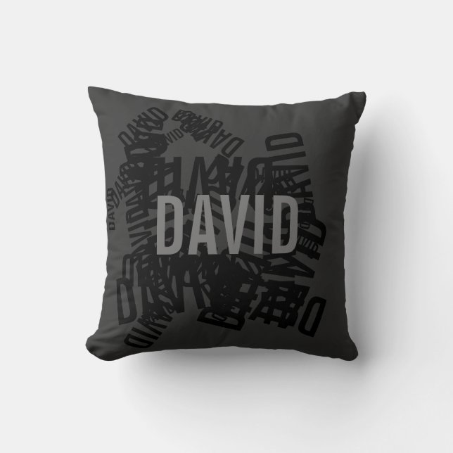Cool modern name collage in black & grey cushion (Front)