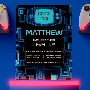 Cool Modern Navy Blue Black Teen Video Game Party Invitation