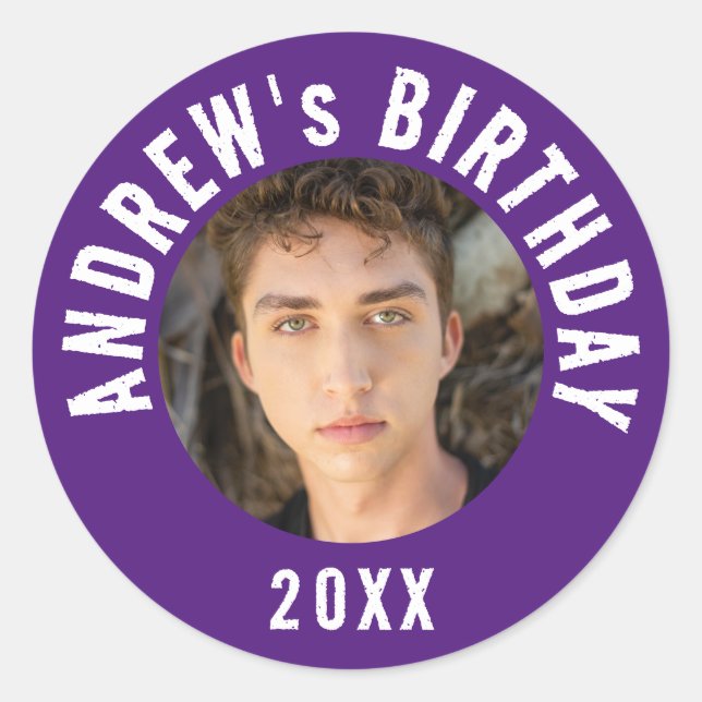 Cool Modern Purple Photo Birthday Party Classic Round Sticker (Front)