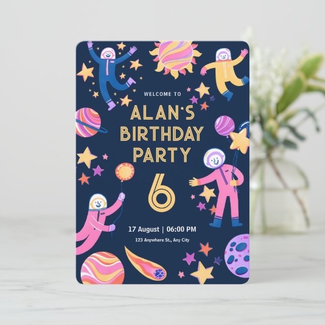 Cool Modern Simple Outer Space Birthday Party  Invitation (Standing Front)