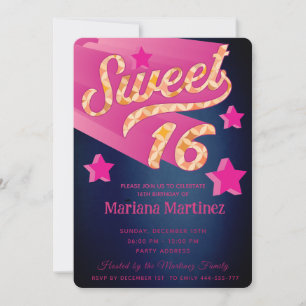 Cool modern super star typography pink blue invitation