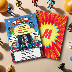 Cool Modern Superhero Cartoon Photo Birthday Party Invitation