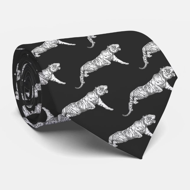 Cool Modern Trendy Silver Grey Tiger on Black Tie (Rolled)