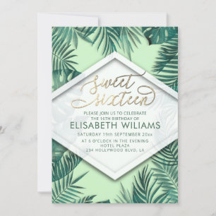 Cool modern tropical leaves stripes glittery invitation