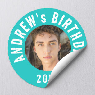 Cool Modern Turquoise Photo Birthday Party Classic Round Sticker