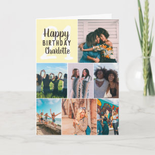 Cool modern yellow photos collage grid 21 birthday card