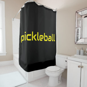 Cool Modern Yellow PICKLEBALL Text On Black Shower Curtain
