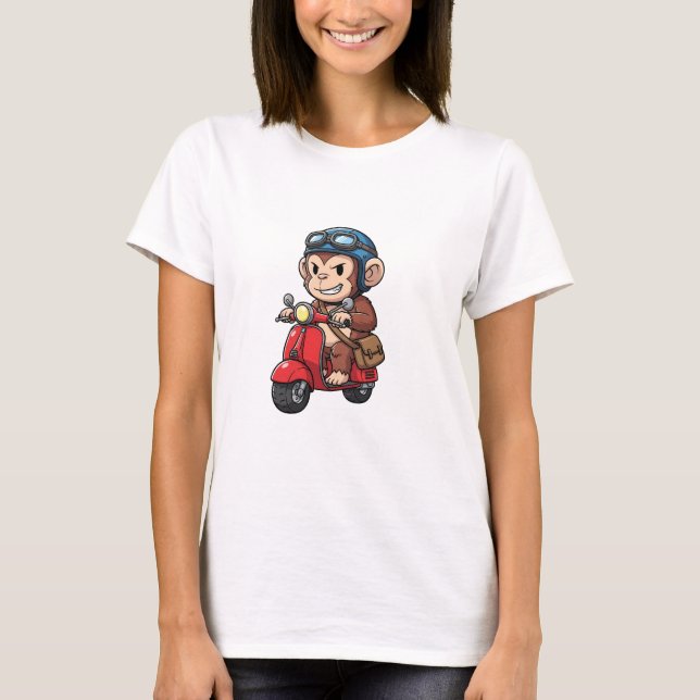 Cool Monkey Courier Riding Red Retro Scooter T-Shirt (Front)