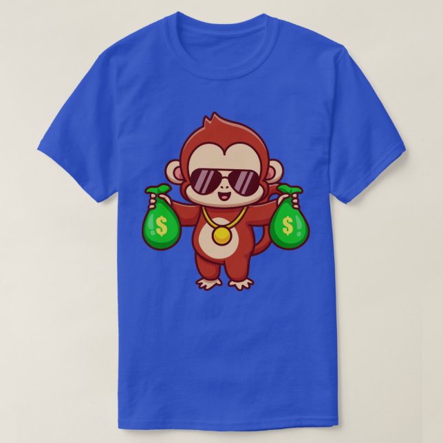 Cool Monkey Holding Money Bag Cartoon T-Shirt (Design Front)