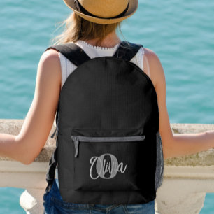 Cool Monochrome Black Grey Modern Script Monogram Printed Backpack