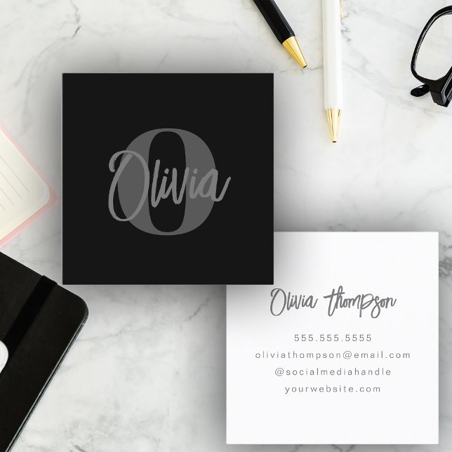 Cool Monochrome Black Grey Trendy Script Monogram Square Business Card (Creator Uploaded)