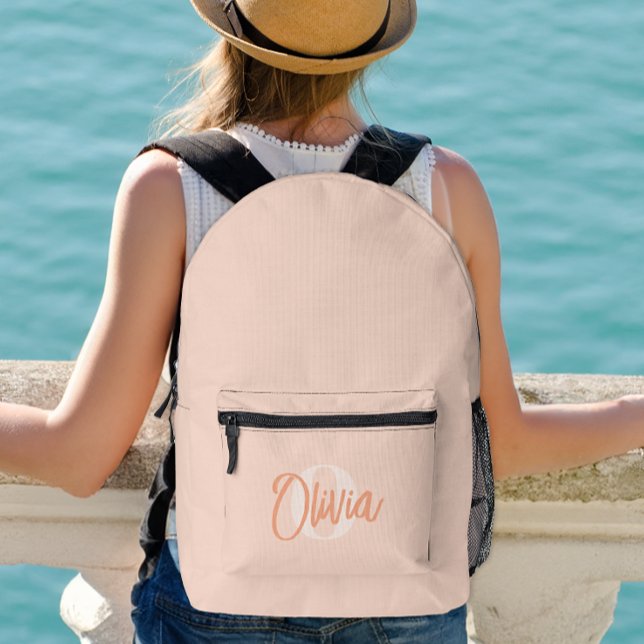 Cool Monochrome Blush Pink Modern Script Monogram Printed Backpack (Creator Uploaded)
