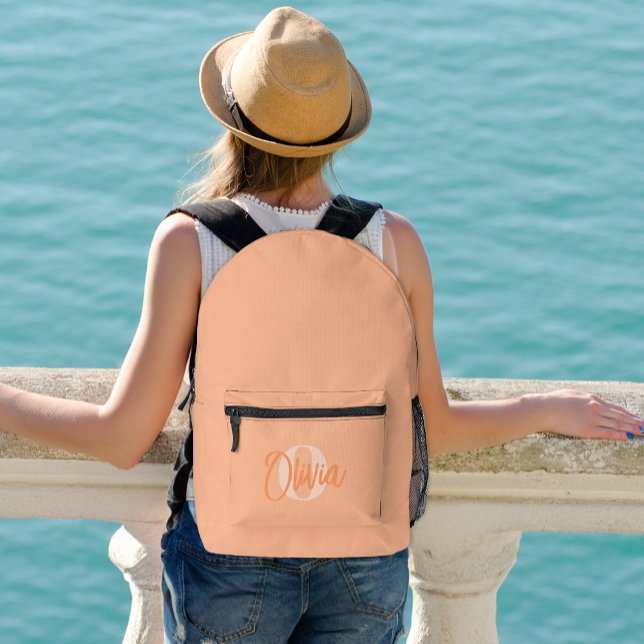 Cool Monochrome Peach Modern Script Monogram Printed Backpack (Creator Uploaded)
