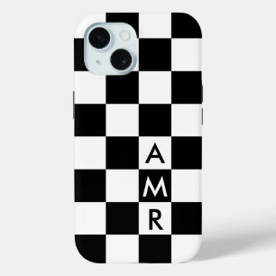 Cool Monogram Black White Checkered Pattern iPhone 15 Case