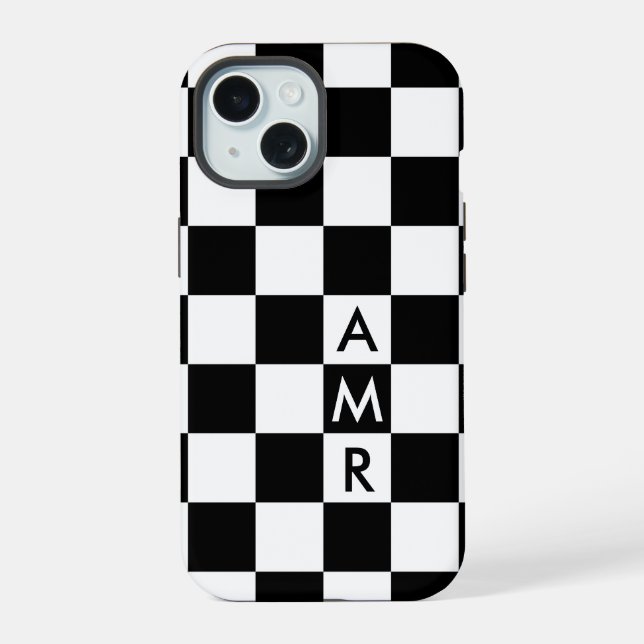 Cool Monogram Black White Chequered Pattern iPhone 15 Case (Back)