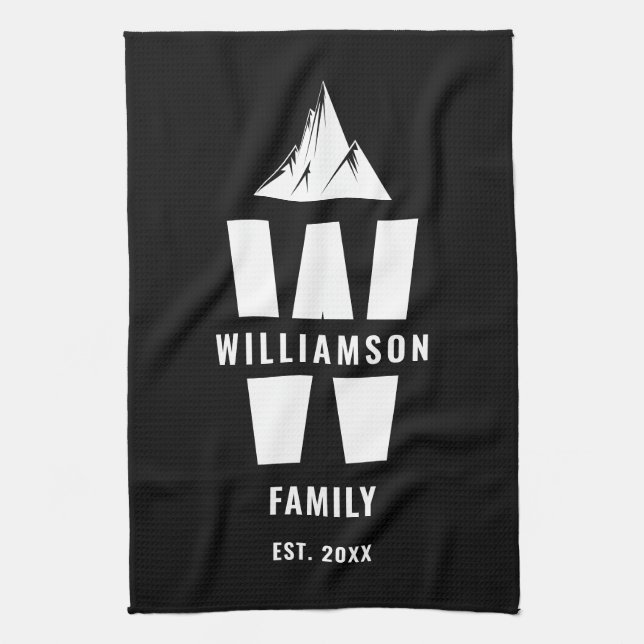 Cool Monogram Family Name Mountains Black White Tea Towel (Vertical)