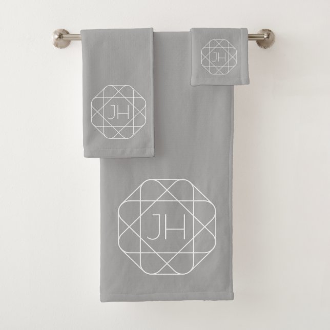 Cool Monogram, Hip Logo Style Vibe | Grey & White Bath Towel Set (Insitu)