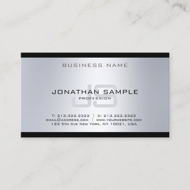 Cool Monogram Silver Modern Plain Luxury Elegant Business Card (Front)