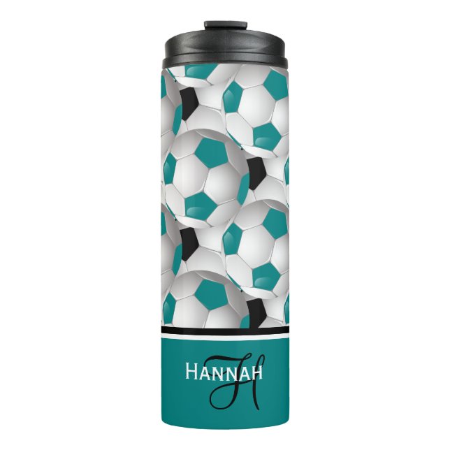 Cool Monogram Teal Black Soccer Ball Pattern Thermal Tumbler (Front)