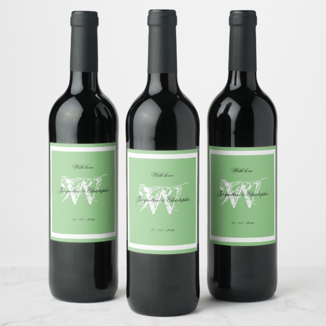 Cool Monogram Wedding Modern Chic Soft Mint Green  Wine Label (Bottles)