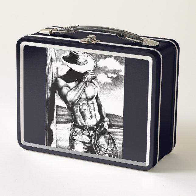 Cool Monogrammed Masculine Western Cowboy Black Metal Lunch Box (Front)