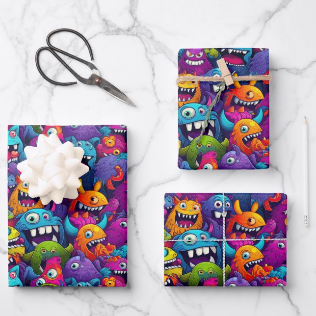 Cool monster party unisex kids wrapping paper sheet (Front)