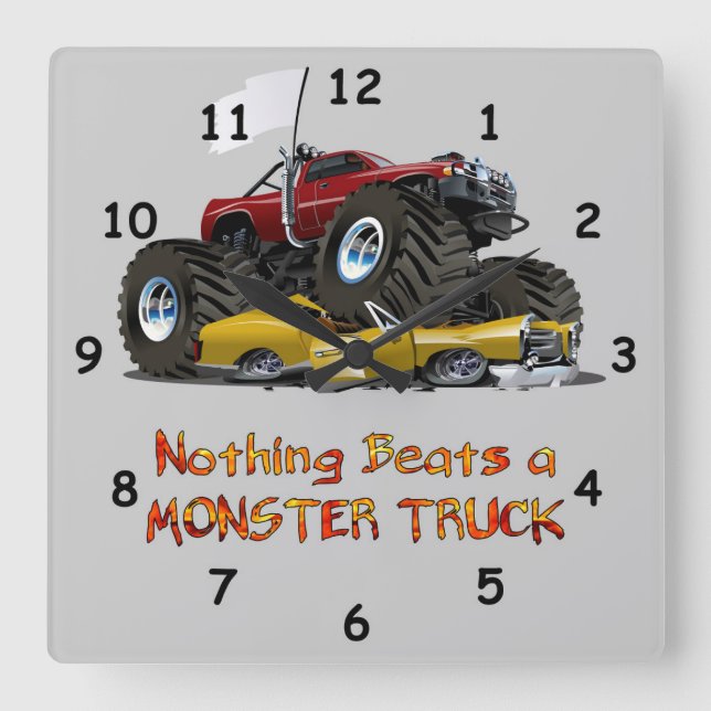 Cool Monster Truck Crushing a Car Drawing Square Wall Clock (Front)