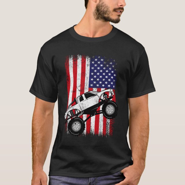 Cool Monster Truck Kids Distressed USA American Fl T-Shirt (Front)