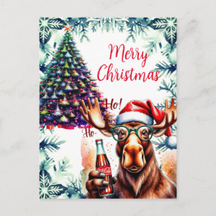 Cool Moose in Santa Hat Holiday Postcard
