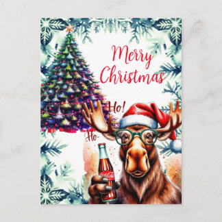 Cool Moose in Santa Hat Holiday Postcard