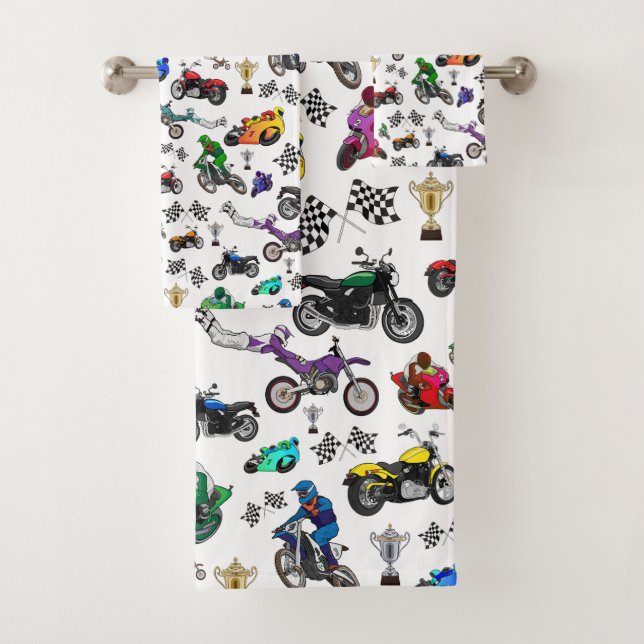 Cool Motorcycle Illustrations Pattern Bath Towel Set (Insitu)