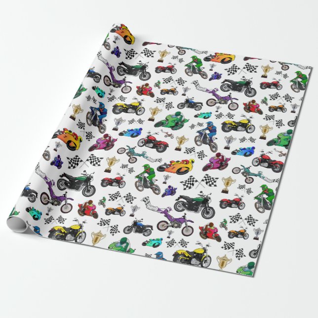 Cool Motorcycle Illustrations Pattern Wrapping Paper (Unrolled)