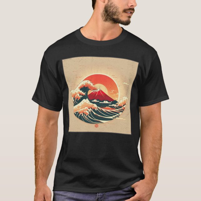 Cool Mt Fuji Big Waves Illustration Sea Sunset Wom T-Shirt (Front)