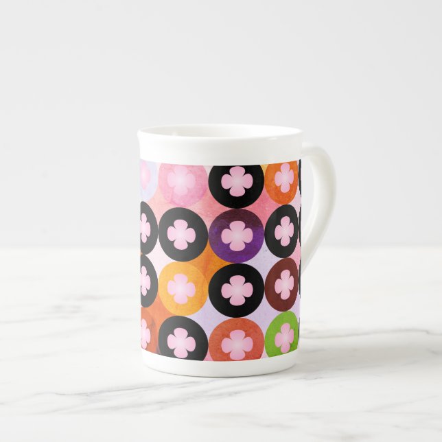 Cool Multi Coloured Circles & Pink Clovers Bone China Mug (Front Right)