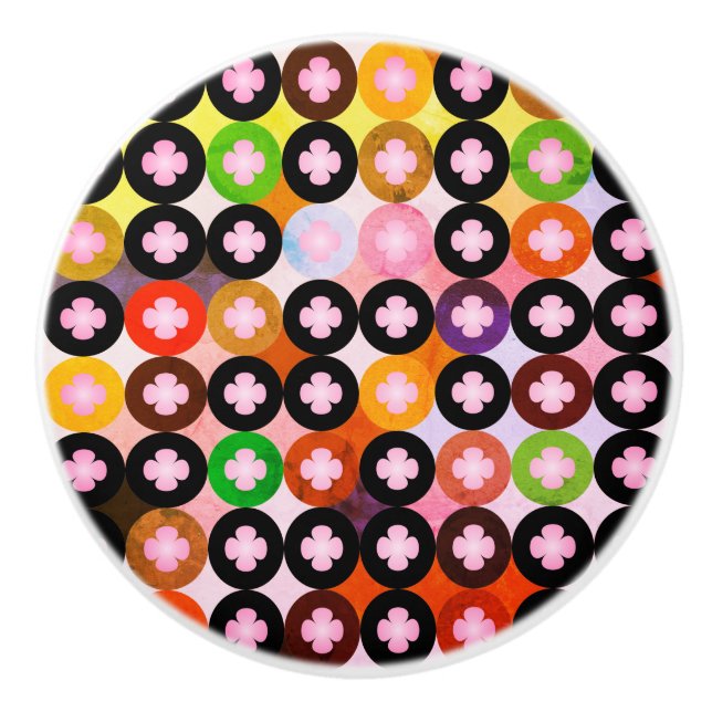 Cool Multi Coloured Circles & Pink Clovers Ceramic Knob (Front)