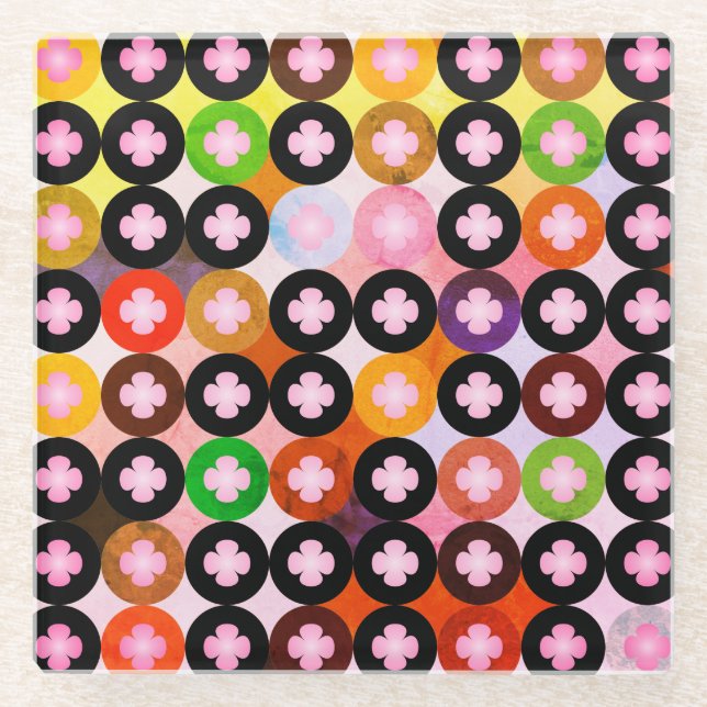 Cool Multi Coloured Circles & Pink Clovers Glass Coaster (Front)