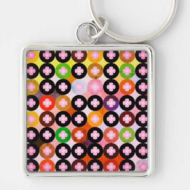 Cool Multi Coloured Circles & Pink Clovers Key Ring (Front)