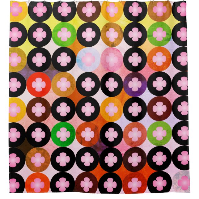 Cool Multi Coloured Circles & Pink Clovers Shower Curtain (Front)