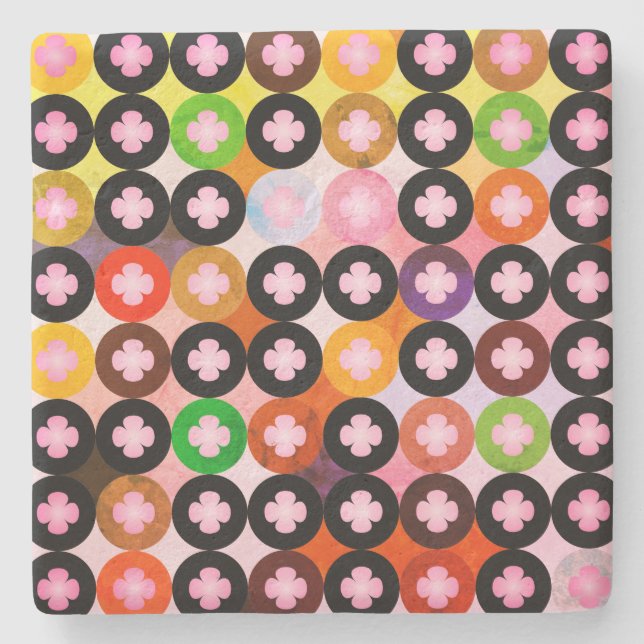 Cool Multi Coloured Circles & Pink Clovers Stone Coaster (Front)