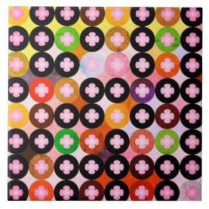 Cool Multi Coloured Circles & Pink Clovers Tile