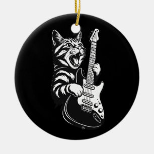 Cool Music Love   Rock Cat Playing Electric Guitar Ceramic Tree Decoration