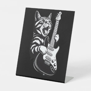 Cool Music Love   Rock Cat Playing Electric Guitar Pedestal Sign