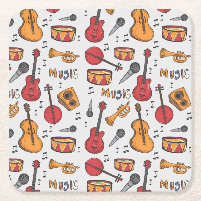 Cool Music Themed Banjo Drums Guitar Violin More Square Paper Coaster (Front)