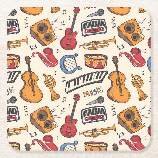 Cool Music Themed Piano Drums Guitar Violin More Square Paper Coaster (Front)