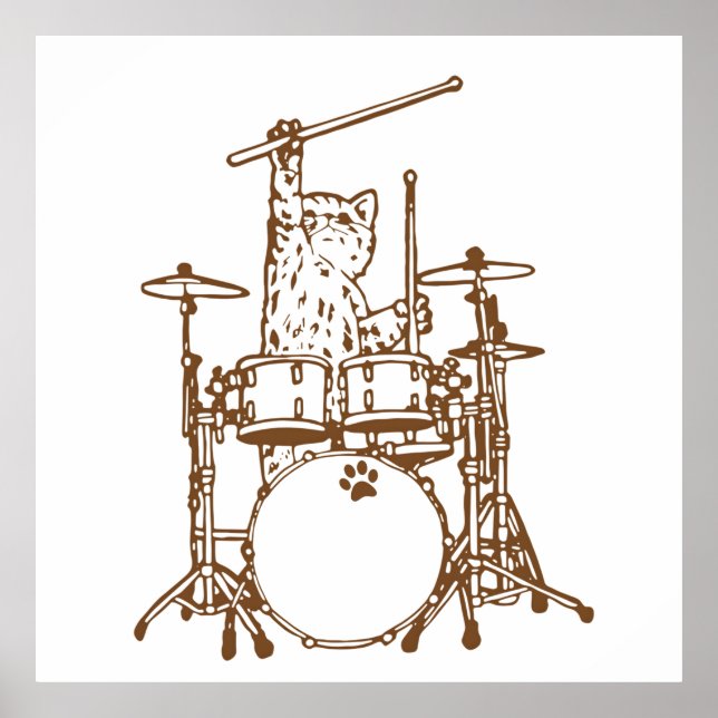 Cool Musician Cat Playing Drums Poster (Front)