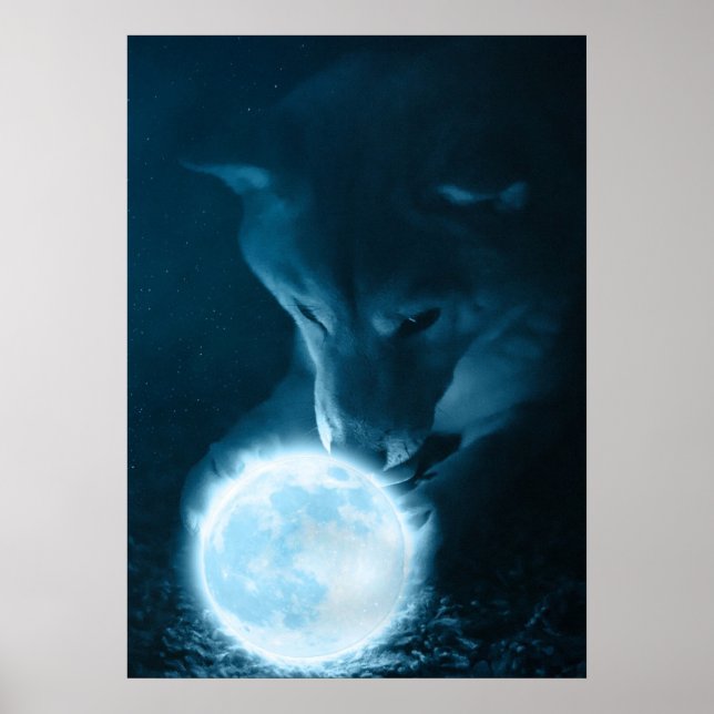 Cool Mystical Fantasy Wolf Holding The Moon Poster (Front)