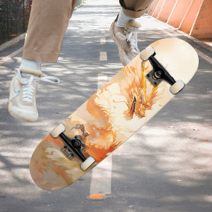 Cool Mythical Golden Dragon Soaring in Clouds Skateboard